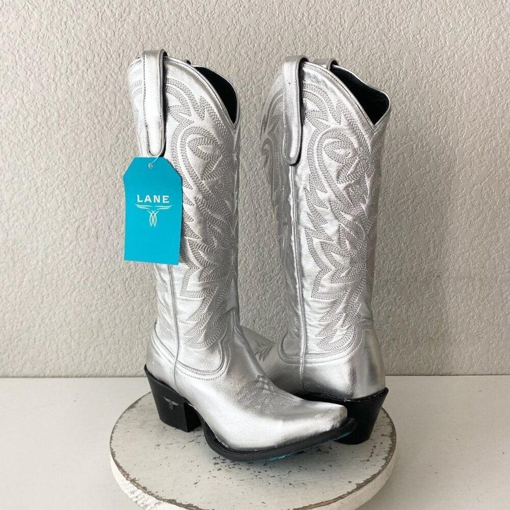 Lane SMOKESHOW Womens Cowboy Boots 6 Silver Western Cowgirl Mid Calf Pointed Toe